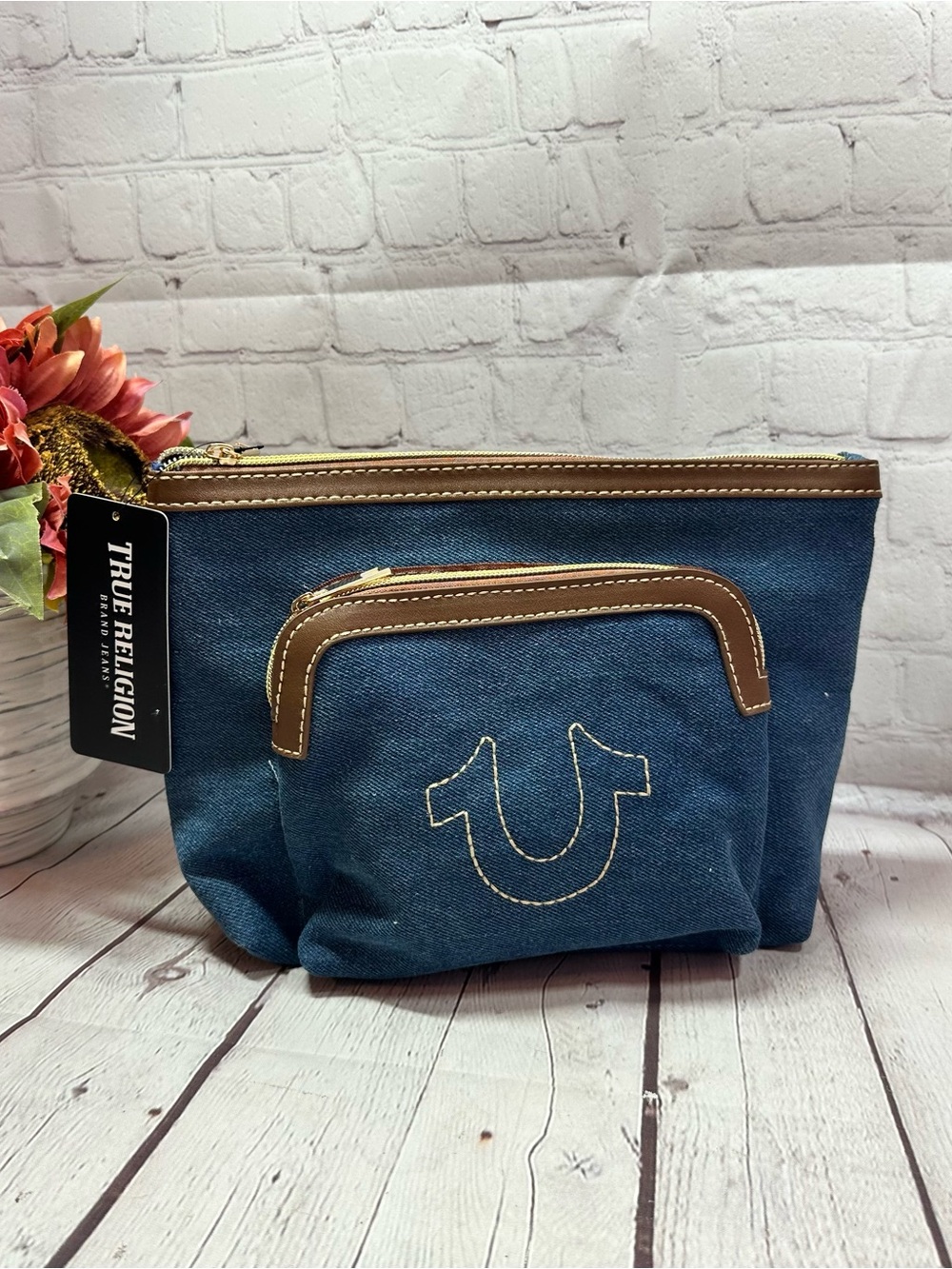 NWT True Religion Blue denim cosmetic Toiletry pouch travel makeup bag boho
